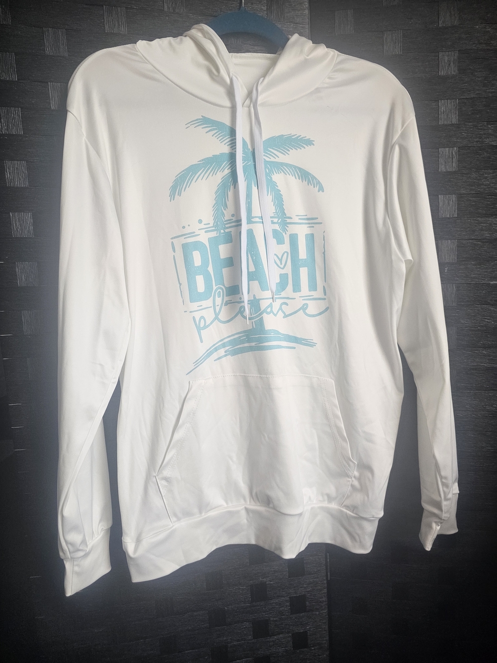 Woman's White Hoodie with Light Blue 'Beach Please' Graphic Set